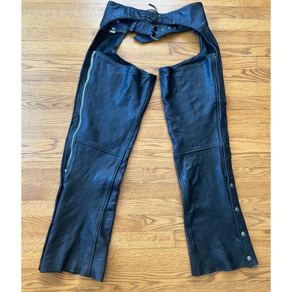 MOB Vintage Heavy Leather Black Motorcycle Chaps Zipper Snap M Buckle Classic 31